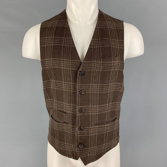 BRUNELLO CUCINELLI Size M Brown Plaid Linen Blend Buttoned Vest - Picture 1 of 7